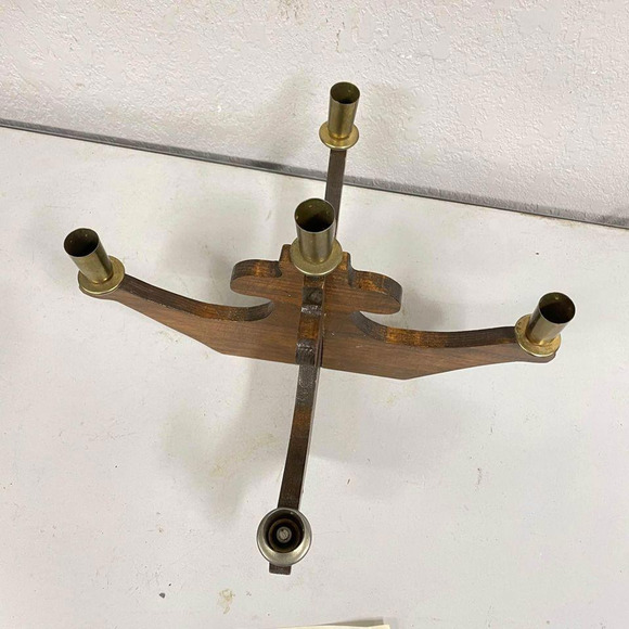Vtg Kustom Kraft ?? MCM Wood Brass Candle Holder Candelabra 5 Candles Advent - Picture 2 of 5
